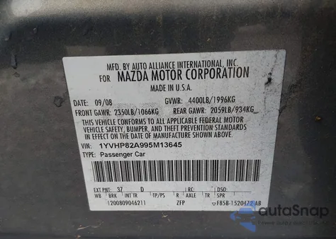 2009 Mazda Mazda6 I Grand Touring z USA, uszkodzony, nr VIN 1YVHP82A995M13645